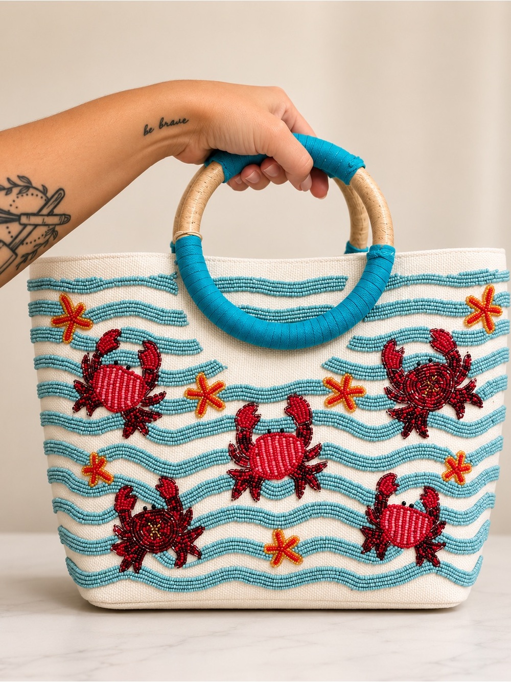Beaded Crab Tote Bag with Wooden Handles